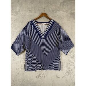 Chicos‎ Sweater Womens 2 Large Blue White Geometric Stripe Knit Pullover Top